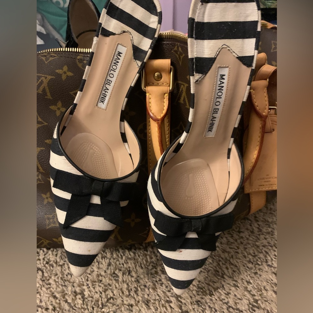 Manolo Blahnik mules striped black and white, bow size 38 7/2